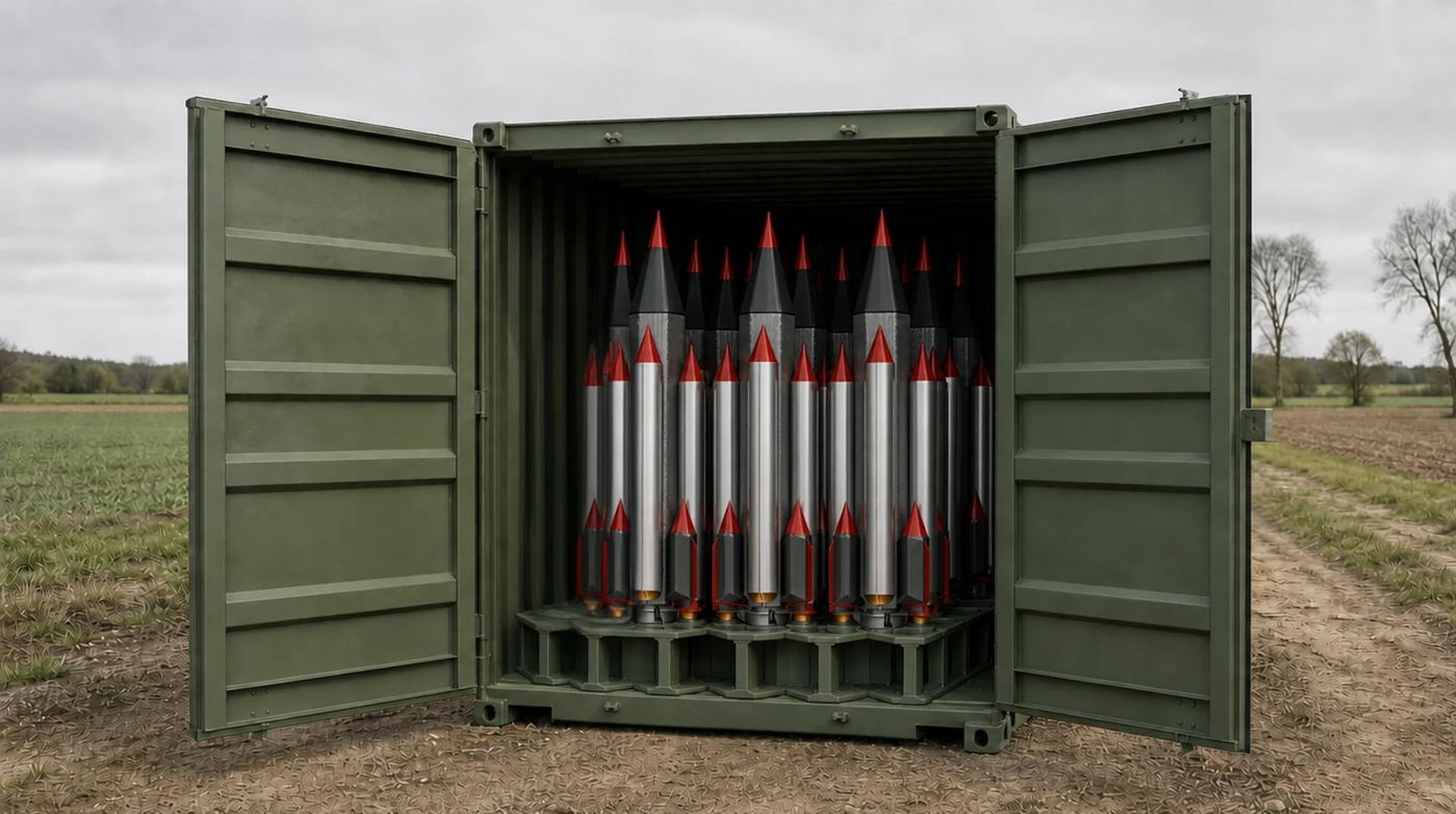 Bee-MX missiles racked upright inside an open 40-ft ISO shipping container standing in a field