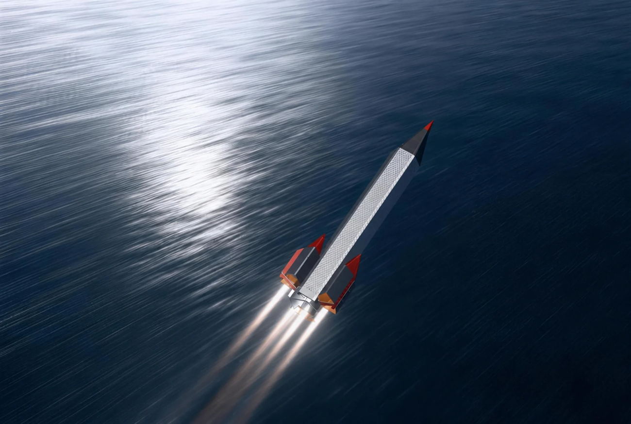 Bee-MX supersonic ramjet missile in flight low over open water