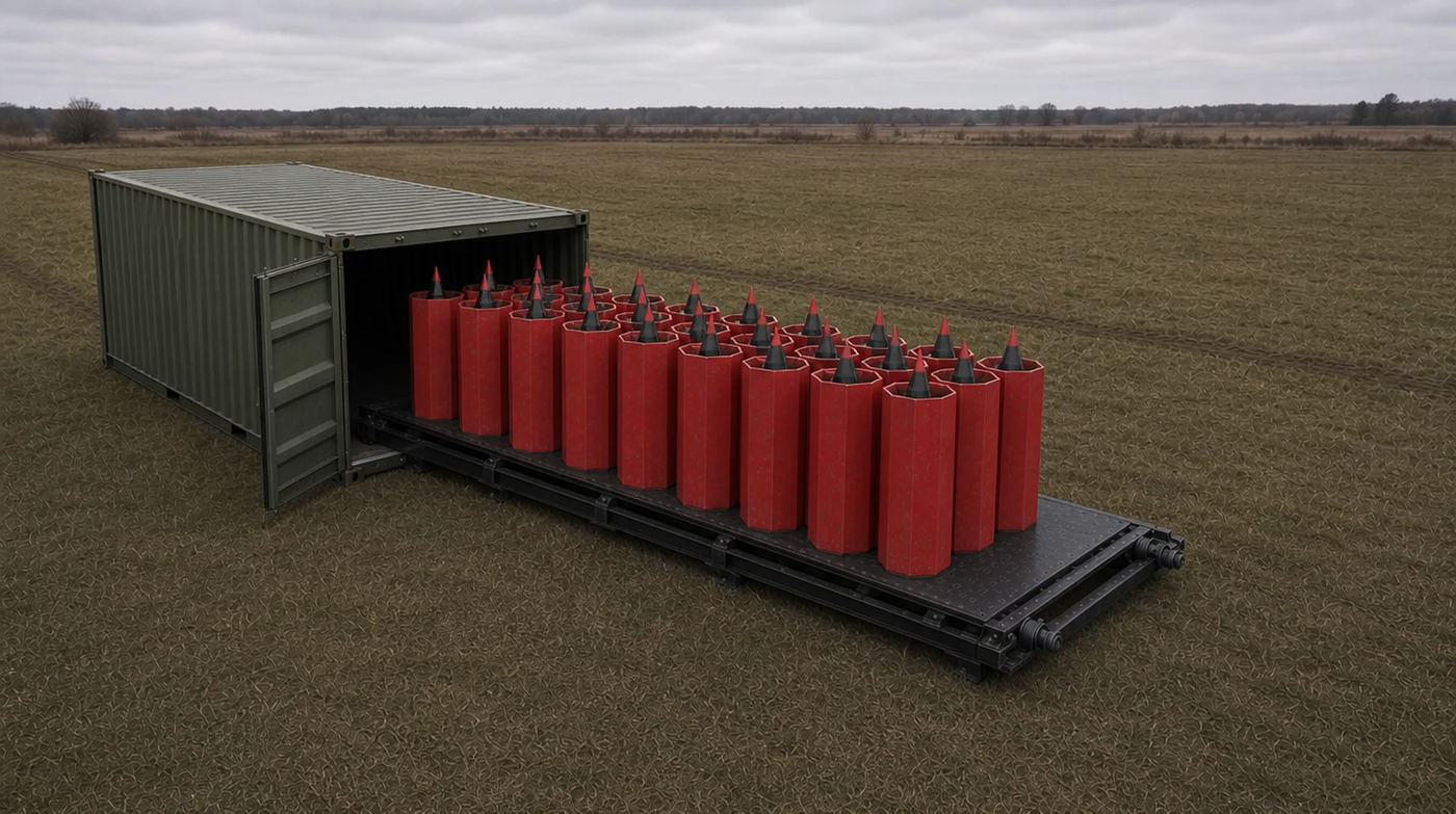 Bee-MX launch rack extended from the rear of a 40-ft ISO container in an open field, showing 36 hexagonal launch cells packed in offset rows with missile nose cones seated in each cell