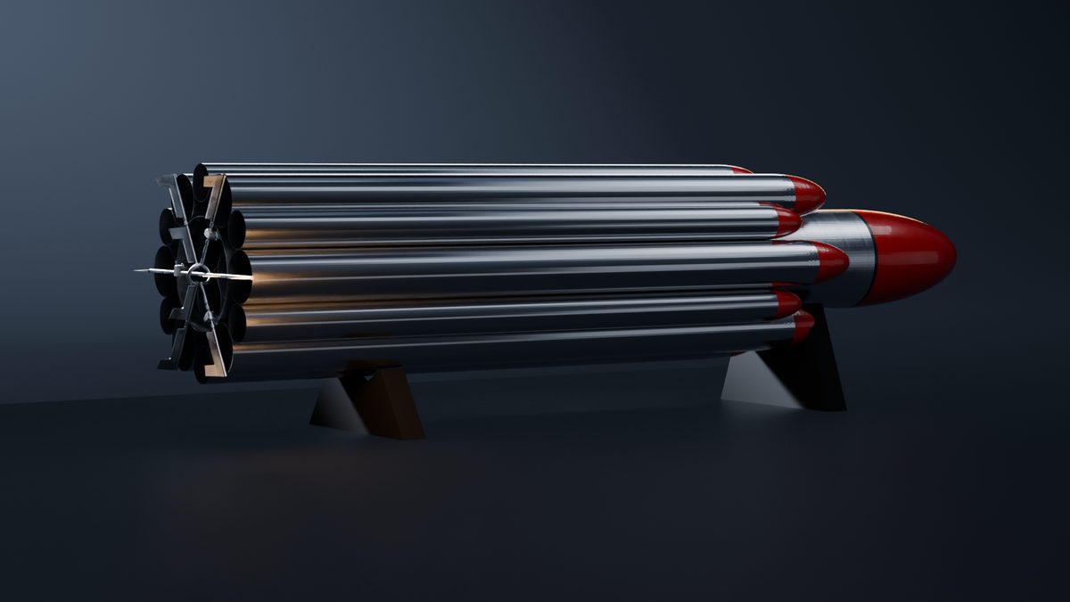 Studio render of the Bee-SL launch vehicle: a clustered multi-body air-launched rocket with a red payload fairing